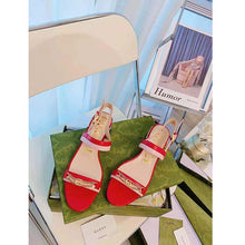 Load image into Gallery viewer, Gucci GG Women Sandal with Chain-Shaped Heel Hibscus Red Leather with Pastel Pink