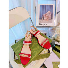 Load image into Gallery viewer, Gucci GG Women Sandal with Chain-Shaped Heel Hibscus Red Leather with Pastel Pink