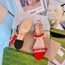 Load image into Gallery viewer, Gucci GG Women Sandal with Chain-Shaped Heel Hibscus Red Leather with Pastel Pink