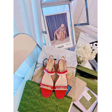 Load image into Gallery viewer, Gucci GG Women Sandal with Chain-Shaped Heel Hibscus Red Leather with Pastel Pink