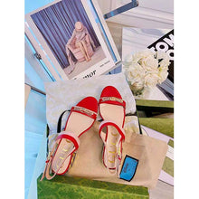 Load image into Gallery viewer, Gucci GG Women Sandal with Chain-Shaped Heel Hibscus Red Leather with Pastel Pink