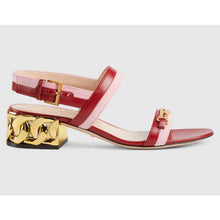 Load image into Gallery viewer, Gucci GG Women Sandal with Chain-Shaped Heel Hibscus Red Leather with Pastel Pink