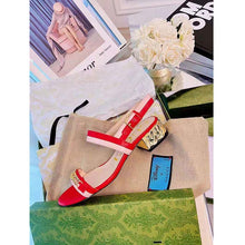 Load image into Gallery viewer, Gucci GG Women Sandal with Chain-Shaped Heel Hibscus Red Leather with Pastel Pink