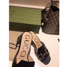 Load image into Gallery viewer, Gucci GG Women Slide Sandal with Horsebit Black Leather 8 cm Heel