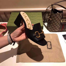 Load image into Gallery viewer, Gucci GG Women Slide Sandal with Horsebit Black Leather 8 cm Heel