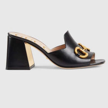 Load image into Gallery viewer, Gucci GG Women Slide Sandal with Horsebit Black Leather 8 cm Heel