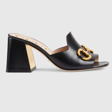 Load image into Gallery viewer, Gucci GG Women Slide Sandal with Horsebit Black Leather 8 cm Heel