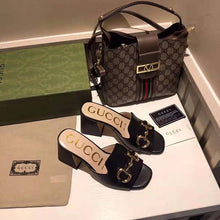Load image into Gallery viewer, Gucci GG Women Slide Sandal with Horsebit Black Leather 8 cm Heel