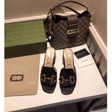 Load image into Gallery viewer, Gucci GG Women Slide Sandal with Horsebit Black Leather 8 cm Heel