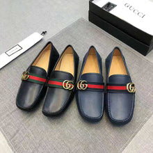 Load image into Gallery viewer, Gucci Men Leather Driver with Web-Navy