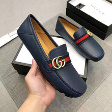 Load image into Gallery viewer, Gucci Men Leather Driver with Web-Navy