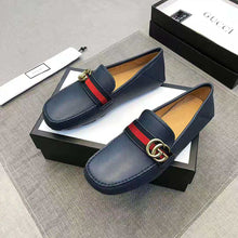 Load image into Gallery viewer, Gucci Men Leather Driver with Web-Navy