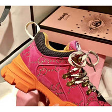 Load image into Gallery viewer, Gucci Unisex Flashtrek Sneaker with Crystals in GG Velvet with Leather 5.6 cm Heel-Pink