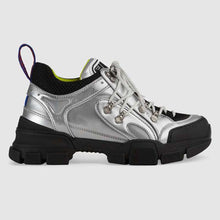 Load image into Gallery viewer, Gucci Unisex Flashtrek Sneaker with Crystals in Silver Metallic Leather 5.6 cm Heel