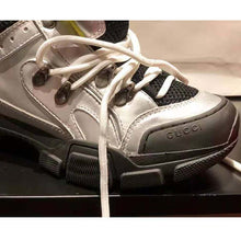 Load image into Gallery viewer, Gucci Unisex Flashtrek Sneaker with Crystals in Silver Metallic Leather 5.6 cm Heel