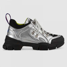 Load image into Gallery viewer, Gucci Unisex Flashtrek Sneaker with Crystals in Silver Metallic Leather 5.6 cm Heel