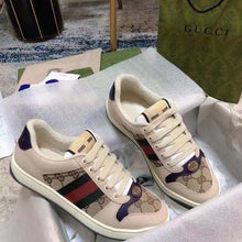Load image into Gallery viewer, Gucci Unisex GG Screener Sneaker Beige Navy Leather Canvas Low 4 cm Heel