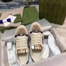 Load image into Gallery viewer, Gucci Unisex GG Screener Sneaker Beige Navy Leather Canvas Low 4 cm Heel