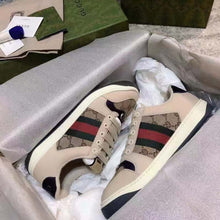 Load image into Gallery viewer, Gucci Unisex GG Screener Sneaker Beige Navy Leather Canvas Low 4 cm Heel