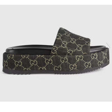 Load image into Gallery viewer, Gucci Unisex Platform Slide Sandal Black Ivory GG Denim Mid 5.6 cm Heel