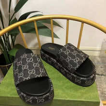 Load image into Gallery viewer, Gucci Unisex Platform Slide Sandal Black Ivory GG Denim Mid 5.6 cm Heel