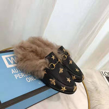 Load image into Gallery viewer, Gucci Unisex Princetown Embroidered Leather Slipper with Bees and Stars in Lamb Wool-Black