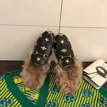 Load image into Gallery viewer, Gucci Unisex Princetown Embroidered Leather Slipper with Bees and Stars in Lamb Wool-Black