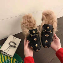 Load image into Gallery viewer, Gucci Unisex Princetown Embroidered Leather Slipper with Bees and Stars in Lamb Wool-Black