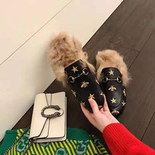 Load image into Gallery viewer, Gucci Unisex Princetown Embroidered Leather Slipper with Bees and Stars in Lamb Wool-Black
