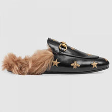 Load image into Gallery viewer, Gucci Unisex Princetown Embroidered Leather Slipper with Bees and Stars in Lamb Wool-Black