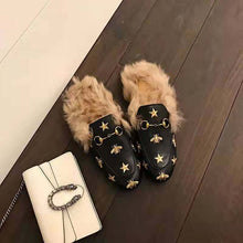 Load image into Gallery viewer, Gucci Unisex Princetown Embroidered Leather Slipper with Bees and Stars in Lamb Wool-Black