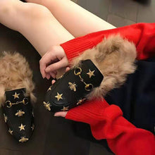 Load image into Gallery viewer, Gucci Unisex Princetown Embroidered Leather Slipper with Bees and Stars in Lamb Wool-Black