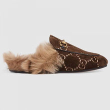 Load image into Gallery viewer, Gucci Unisex Princetown GG Velvet Slipper in Lamb Wool-Brown