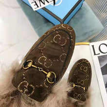 Load image into Gallery viewer, Gucci Unisex Princetown GG Velvet Slipper in Lamb Wool-Brown