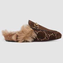 Load image into Gallery viewer, Gucci Unisex Princetown GG Velvet Slipper in Lamb Wool-Brown
