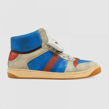 Load image into Gallery viewer, Gucci Unisex Screener GG High-Top Sneaker in Blue Perforated and Off-White Leather