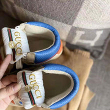 Load image into Gallery viewer, Gucci Unisex Screener GG High-Top Sneaker in Blue Perforated and Off-White Leather