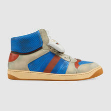 Load image into Gallery viewer, Gucci Unisex Screener GG High-Top Sneaker in Blue Perforated and Off-White Leather