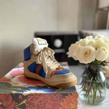 Load image into Gallery viewer, Gucci Unisex Screener GG High-Top Sneaker in Blue Perforated and Off-White Leather