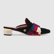 Load image into Gallery viewer, Gucci Women Embroidered Velvet Slide with Sylvie Bow Black