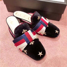 Load image into Gallery viewer, Gucci Women Embroidered Velvet Slide with Sylvie Bow Black