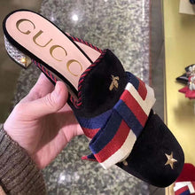 Load image into Gallery viewer, Gucci Women Embroidered Velvet Slide with Sylvie Bow Black