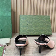 Load image into Gallery viewer, Gucci Women GG Mid-Heel Open Toe Pump Light Pink Leather Square Toe