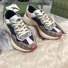 Load image into Gallery viewer, Gucci Women GG Rhyton Sneaker Beige Ebony Blue Supreme Canvas Low 4 cm Heel