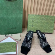 Load image into Gallery viewer, Gucci Women GG Sandal Black Mesh GG Crystals Square Toe Mid-Heel