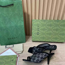 Load image into Gallery viewer, Gucci Women GG Sandal Black Mesh GG Crystals Square Toe Mid-Heel