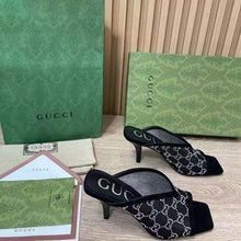 Load image into Gallery viewer, Gucci Women GG Sandal Black Mesh GG Crystals Square Toe Mid-Heel