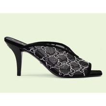 Load image into Gallery viewer, Gucci Women GG Sandal Black Mesh GG Crystals Square Toe Mid-Heel