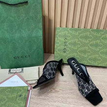 Load image into Gallery viewer, Gucci Women GG Sandal Black Mesh GG Crystals Square Toe Mid-Heel