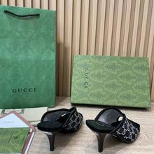 Load image into Gallery viewer, Gucci Women GG Sandal Black Mesh GG Crystals Square Toe Mid-Heel